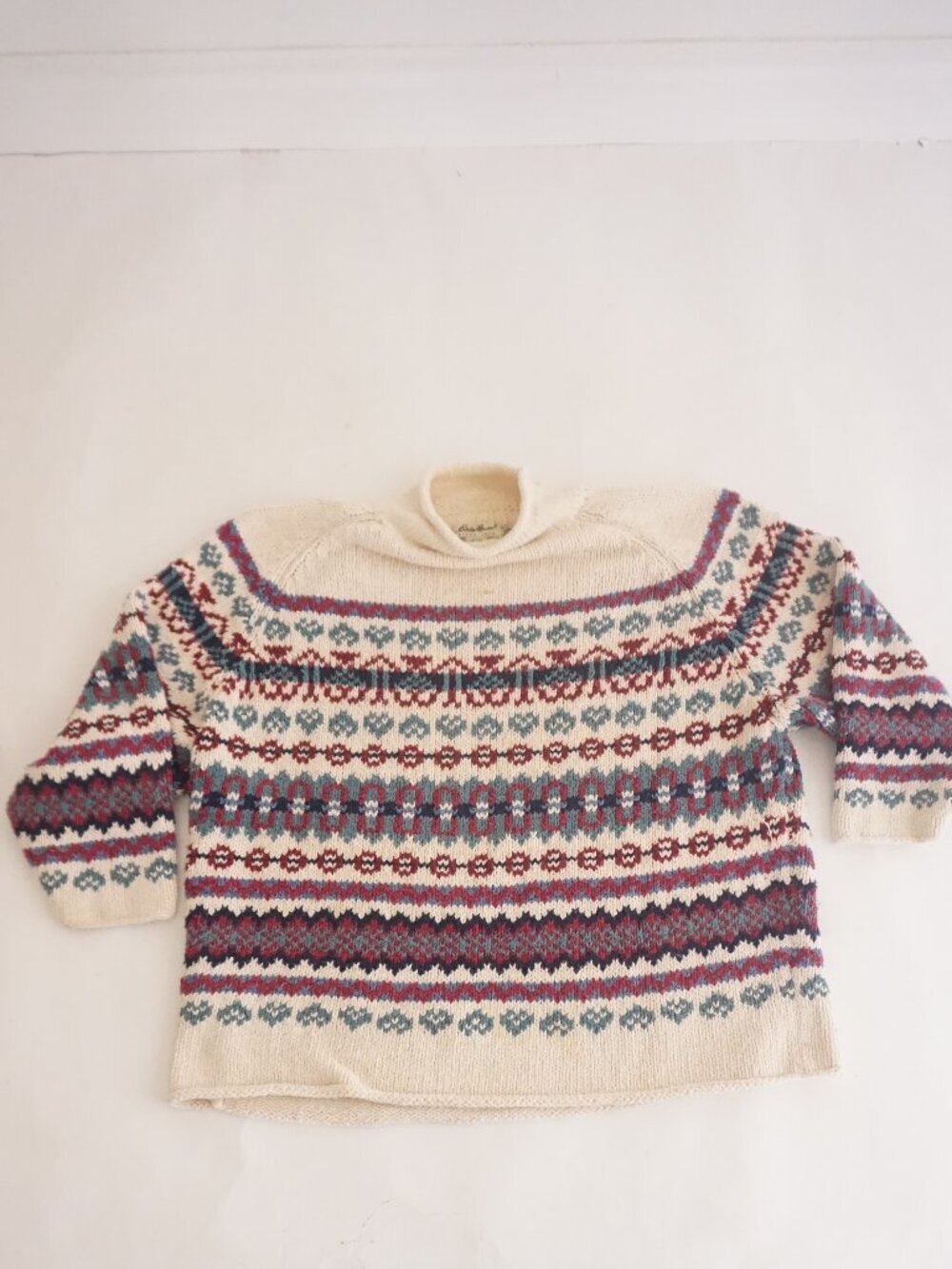 Vintage Eddie Bauer Cream Fair Isle Nordic Cotton Knit Sweater Geometric XL